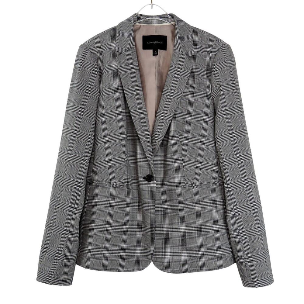Banana Republic Black White Glen Check Plaid One Button Blazer Jacket Size 8